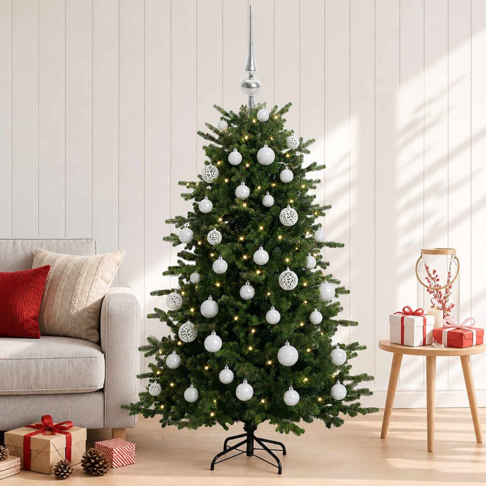 vidaXL Konstgjord julgran med julkulor 150 cm 150 LED-lampor Varmvit