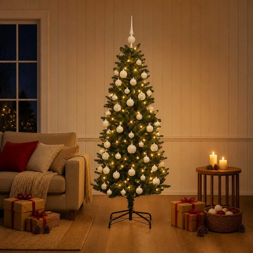 vidaXL Konstgjord julgran med kulor 120 cm 150 LED-lampor Varmvit