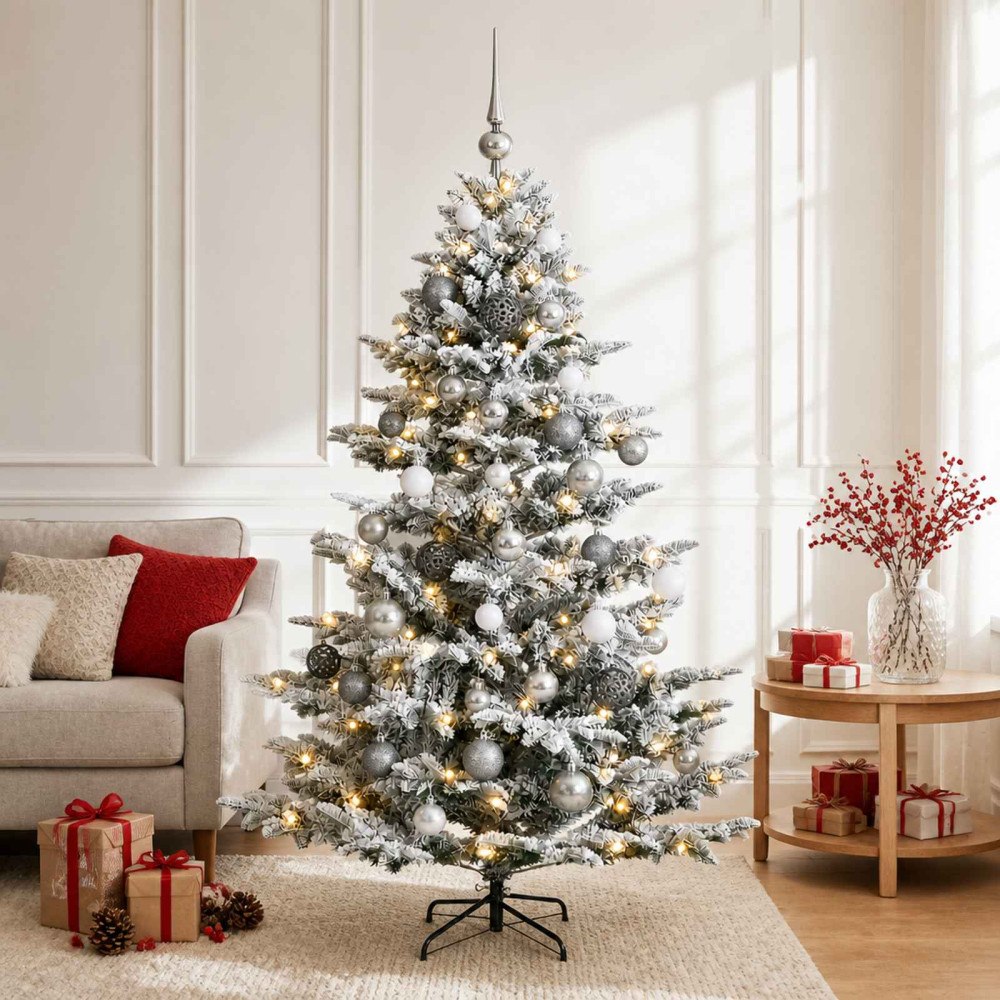 vidaXL Konstgjord julgran med julkulor 150 cm 150 LED-lampor Varmvit