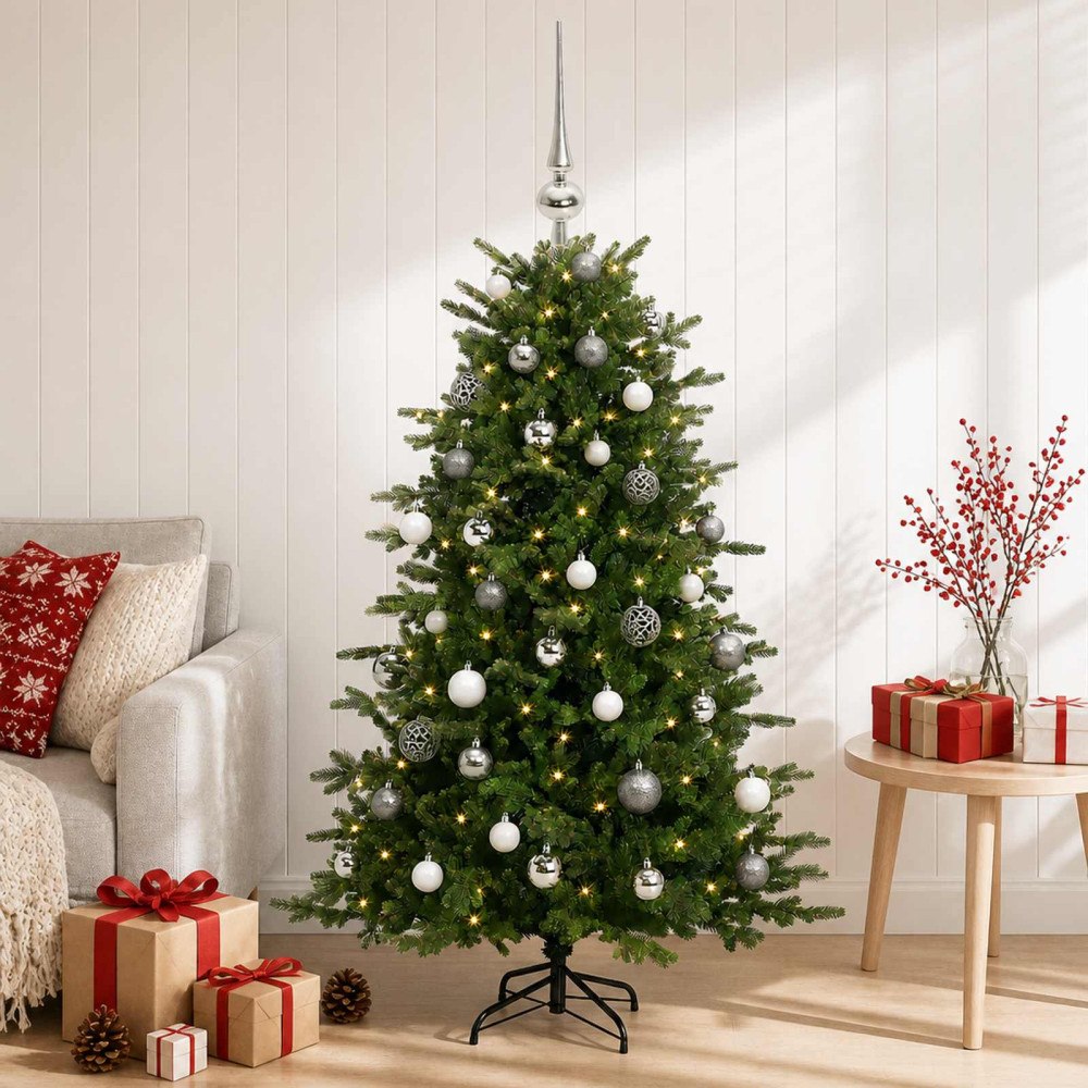 vidaXL Konstgjord julgran med julkulor 150 cm 150 LED-lampor Varmvit