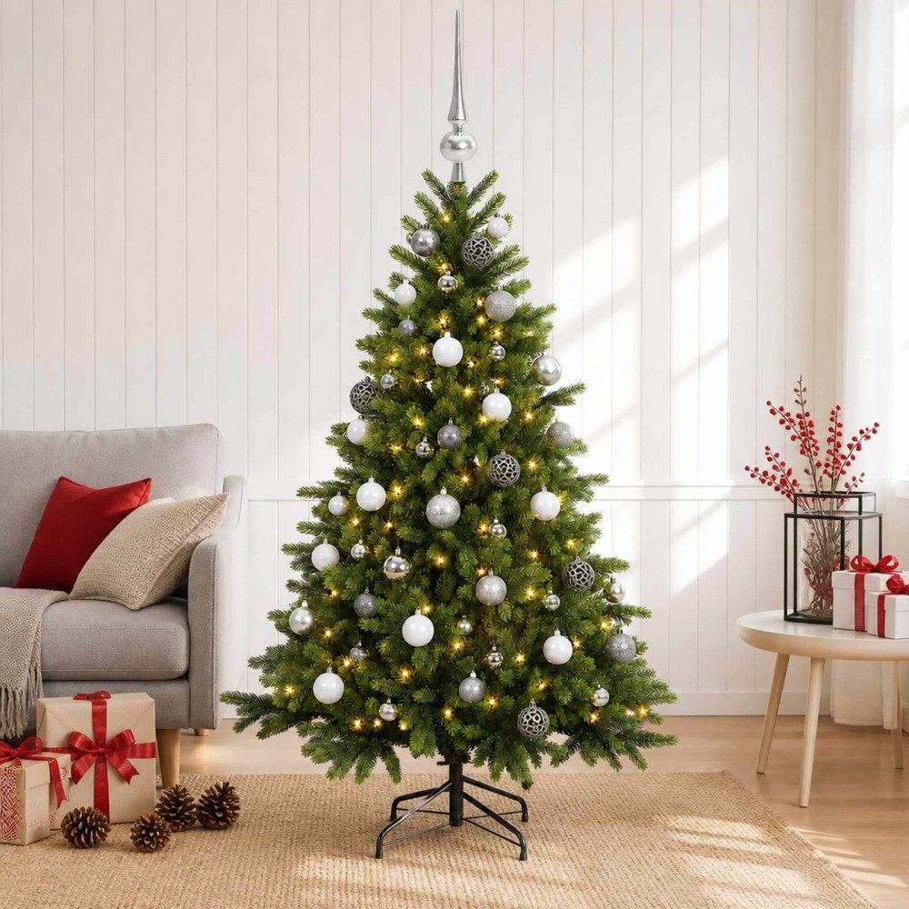 vidaXL Konstgjord julgran med julkulor 150 cm 150 LED-lampor Varmvit