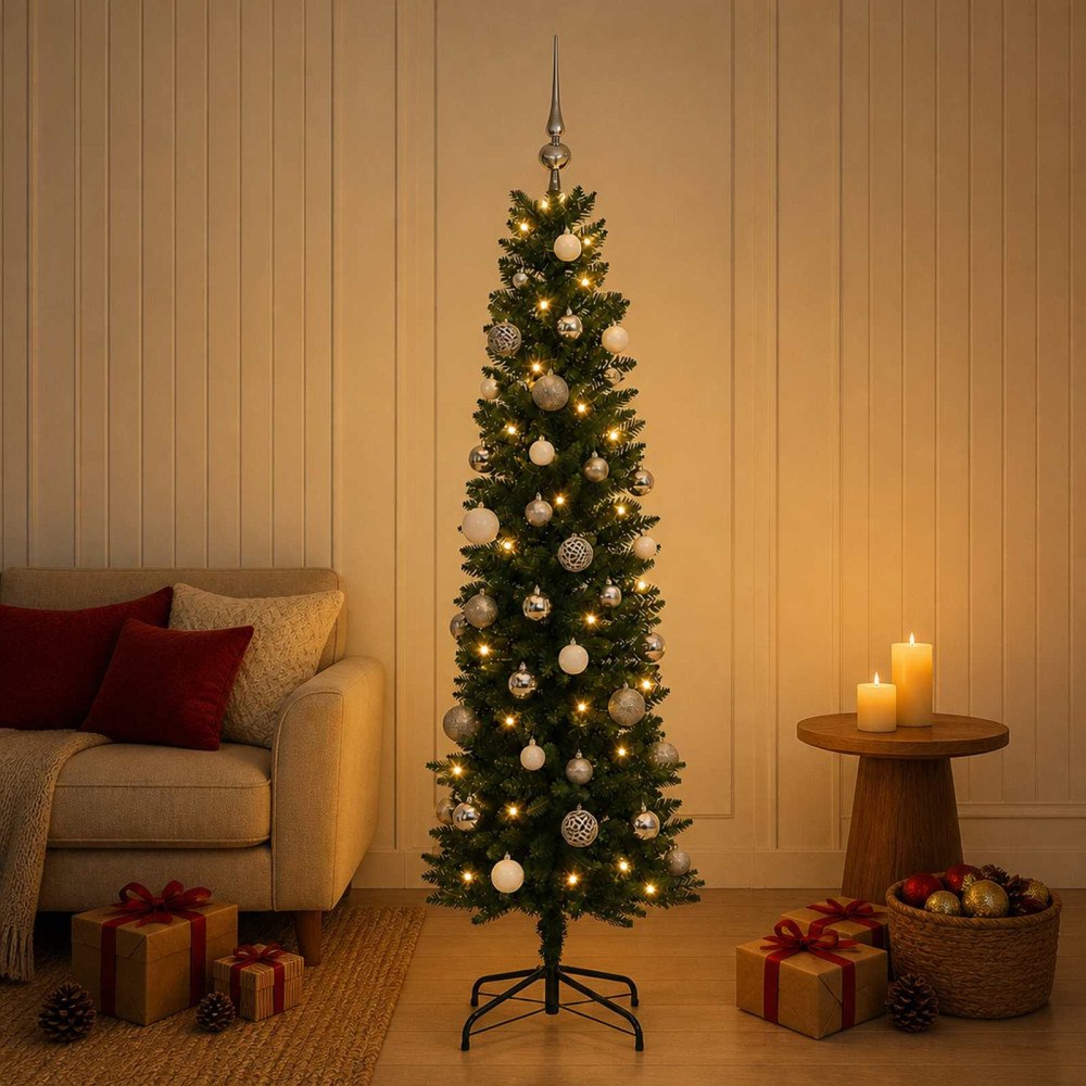vidaXL Konstgjord smal julgran med julgranskulor 150 cm 150 LED-lampor