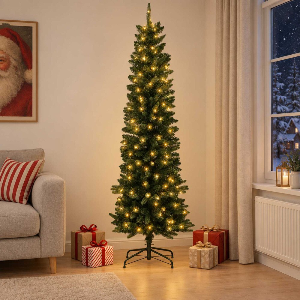 vidaXL Konstgjort smalt julträd 210 cm 300 LED-lampor Varmvit