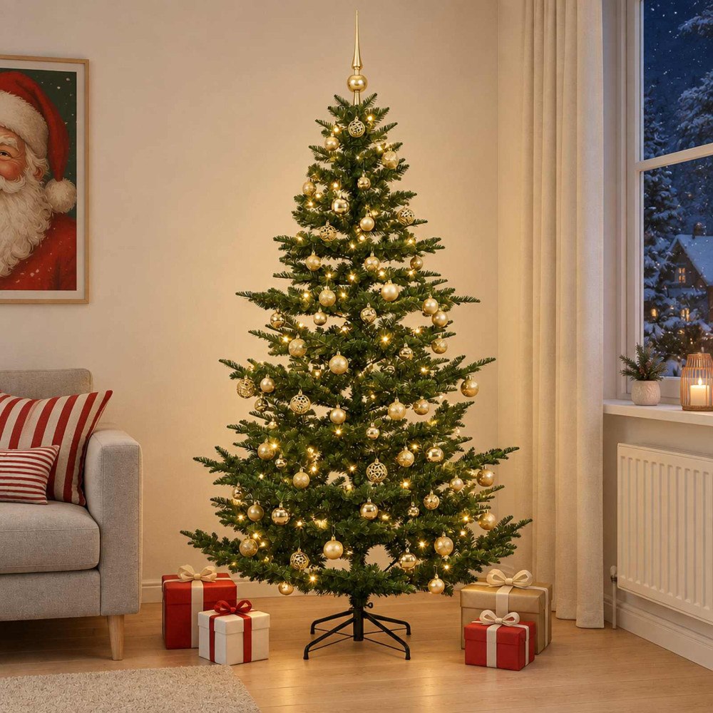 vidaXL Konstgjord julgran med julkulor 180 cm 300 LED-lampor Varmvit