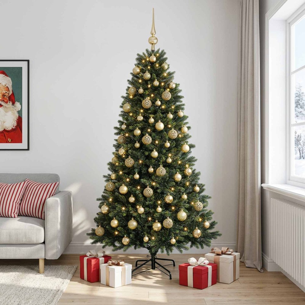 vidaXL Konstgjord julgran med kulor 210 cm 300 LED-lampor Varmvit