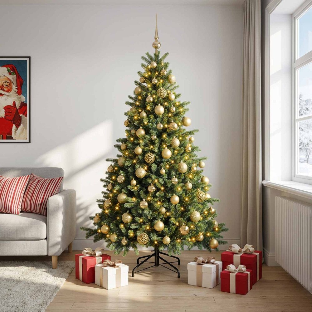 vidaXL Konstgjord julgran med julkulor 240 cm 300 LED-lampor Varmvit