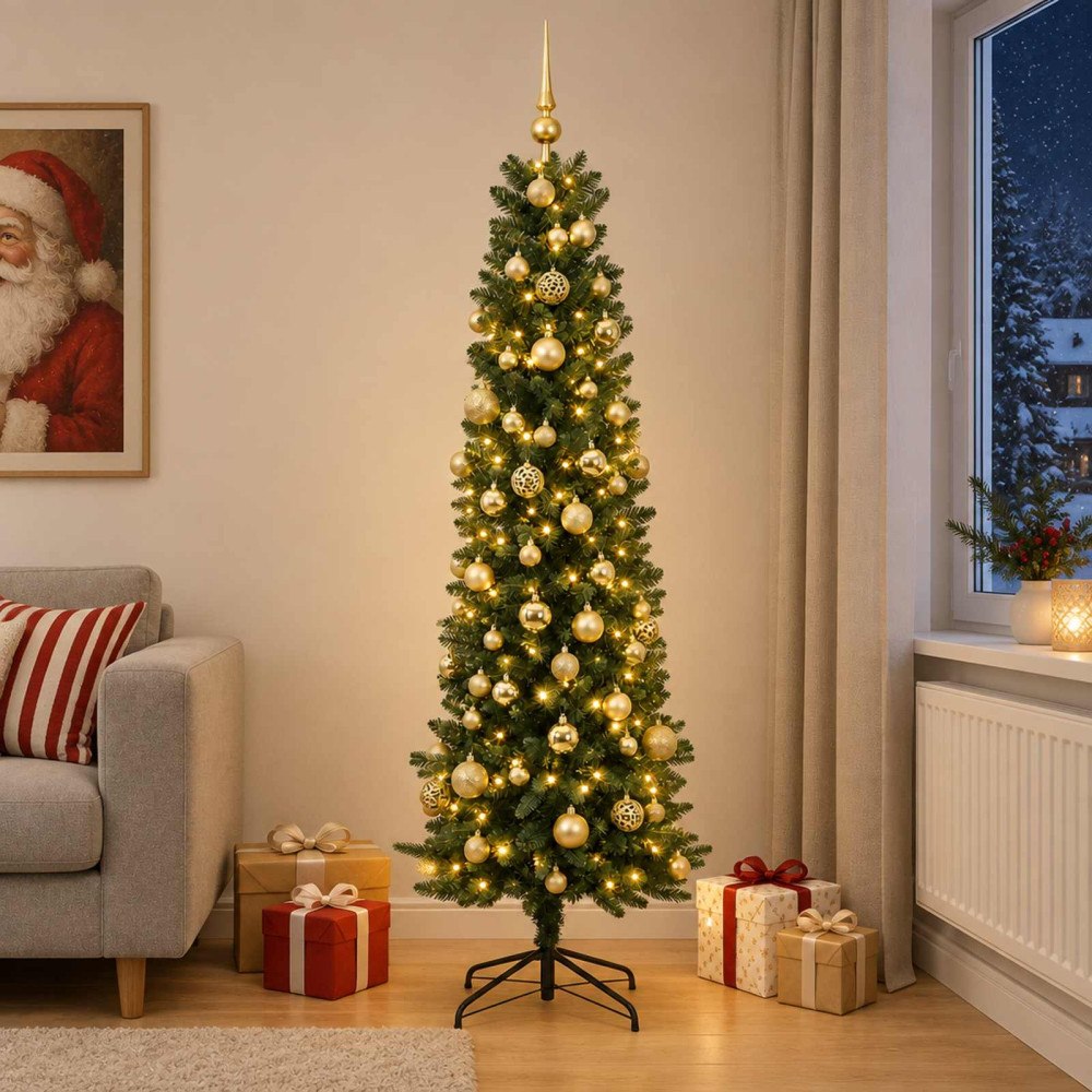 vidaXL Smal konstgjord julgran med julkulor 210 cm 300 LED-lampor