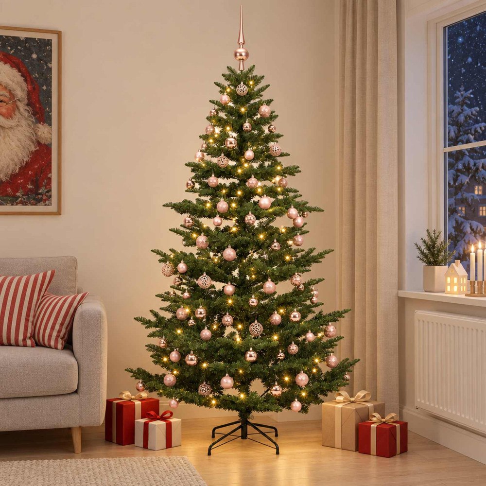 vidaXL Konstgjord julgran med julkulor 240 cm 300 LED-lampor Varmvit