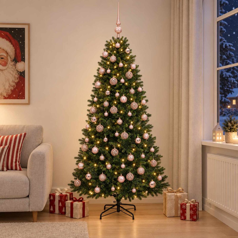 vidaXL Konstgjord julgran med julkulor 210 cm 300 LED-lampor Varmvit