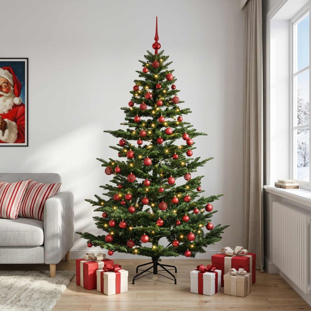 vidaXL Konstgjord julgran med julkulor 180 cm 300 LED-lampor Varmvit