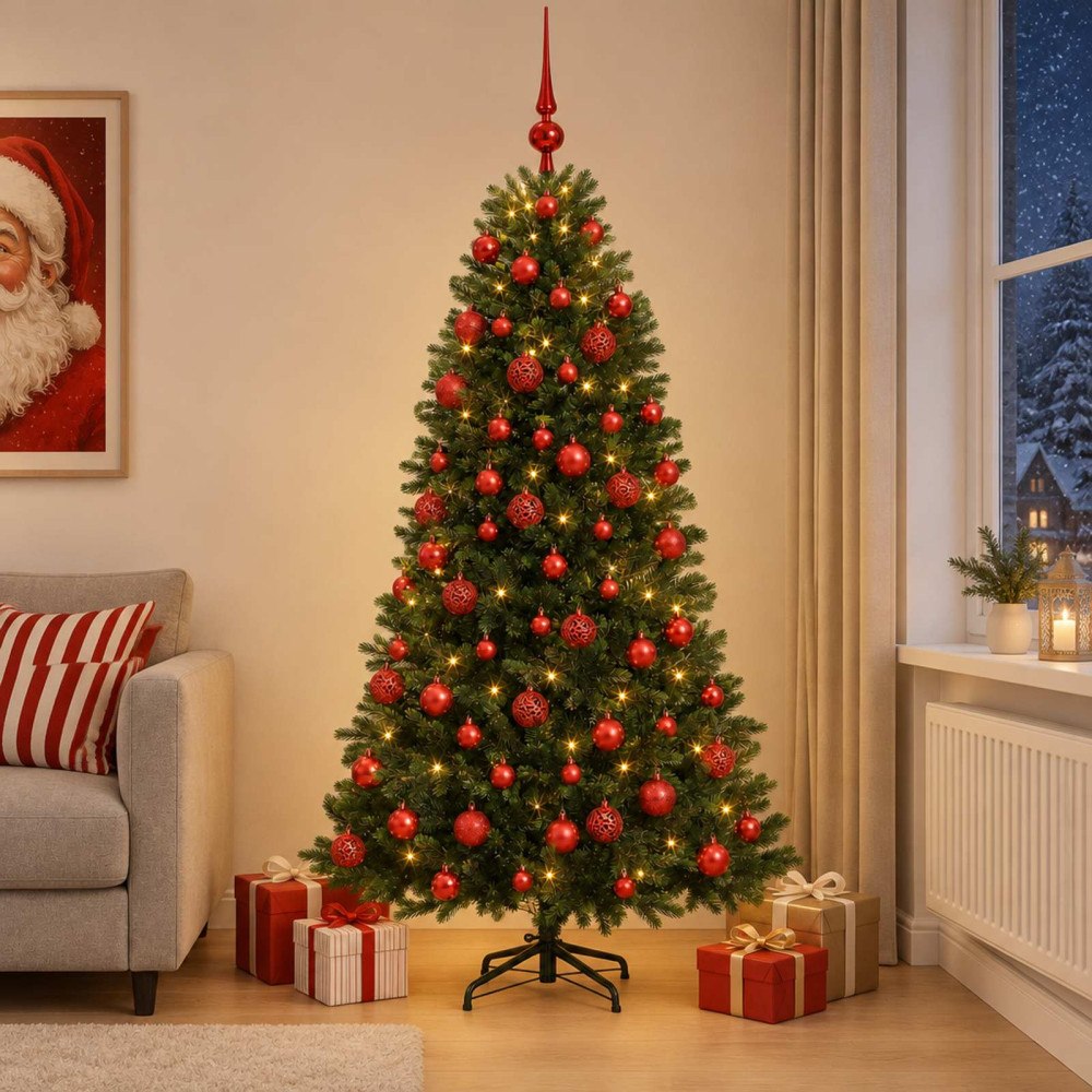 vidaXL Konstgjord julgran med kulor 210 cm 300 LED-lampor Varmvit