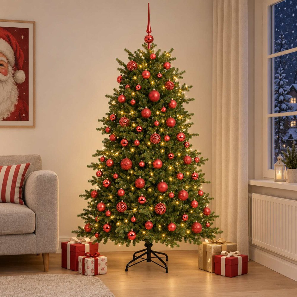 vidaXL Konstgjord julgran med julkulor 180 cm 300 LED-lampor Varmvit