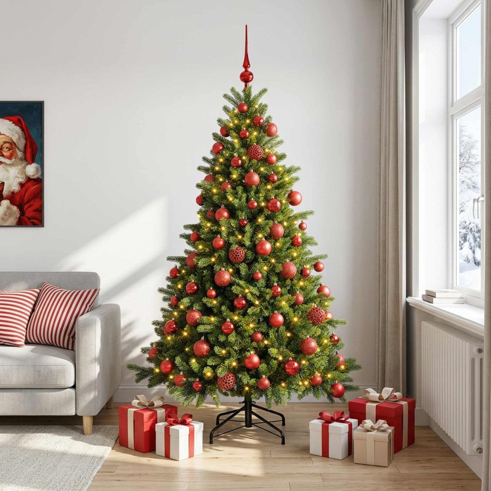 vidaXL Konstgjord julgran med julkulor 240 cm 300 LED-lampor Varmvit