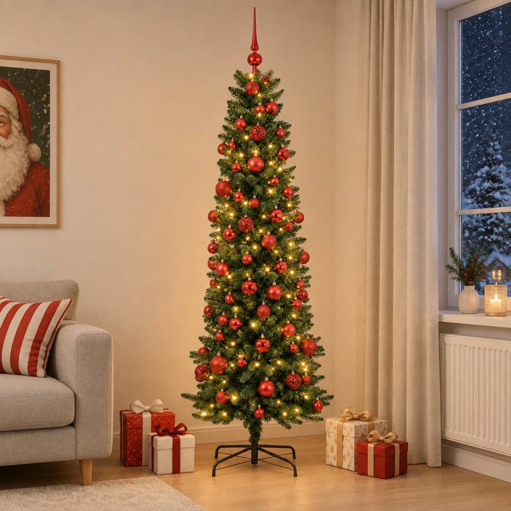 vidaXL Smal konstgjord julgran med julkulor 210 cm 300 LED-lampor