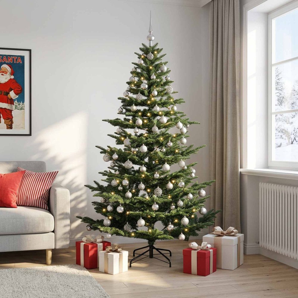 vidaXL Konstgjord julgran med julkulor 210 cm 300 LED-lampor Varmvit