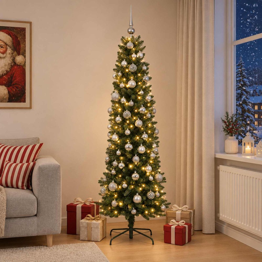 vidaXL Smal konstgjord julgran med julkulor 210 cm 300 LED-lampor