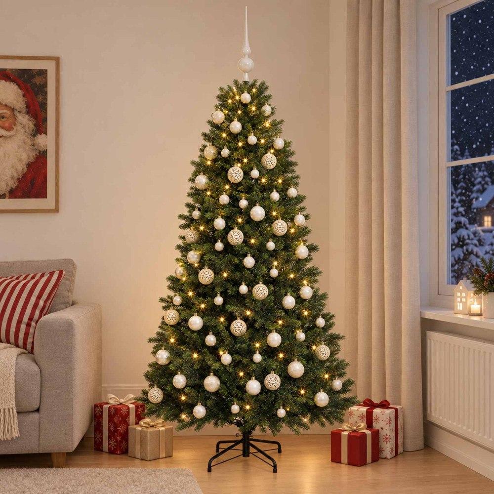 vidaXL Konstgjord julgran med julkulor 180 cm 300 LED-lampor Varmvit