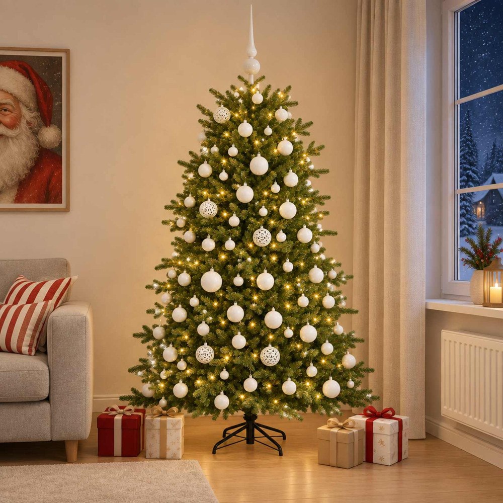vidaXL Konstgjord julgran med julkulor 180 cm 300 LED-lampor Varmvit