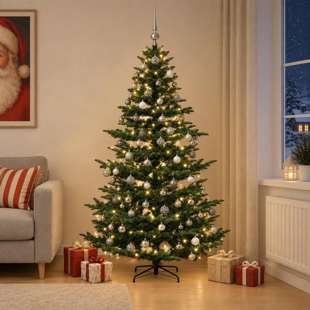 vidaXL Konstgjord julgran med julkulor 210 cm 300 LED-lampor Varmvit