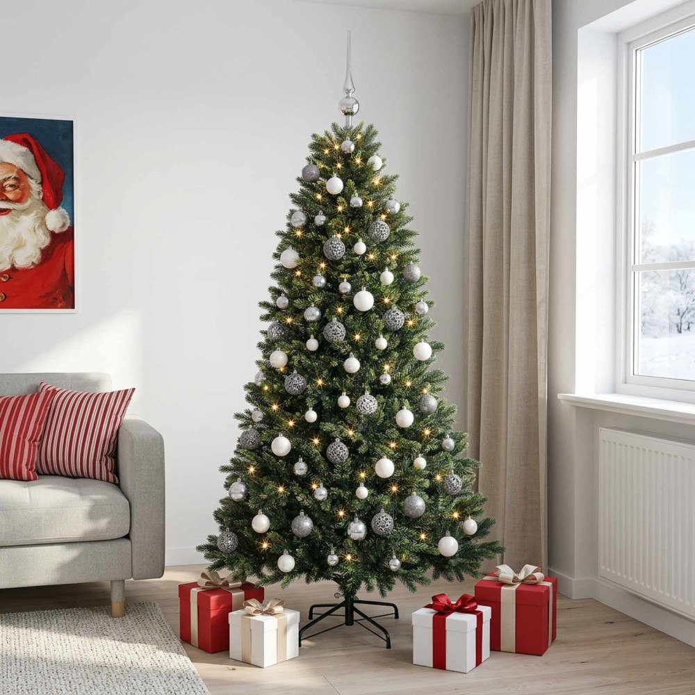 vidaXL Konstgjord julgran med kulor 240 cm 300 LED-lampor Varmvit