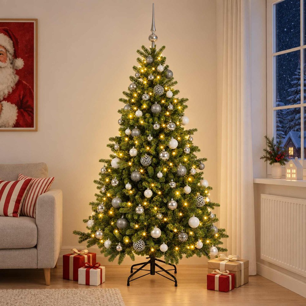 vidaXL Konstgjord julgran med julkulor 180 cm 300 LED-lampor Varmvit