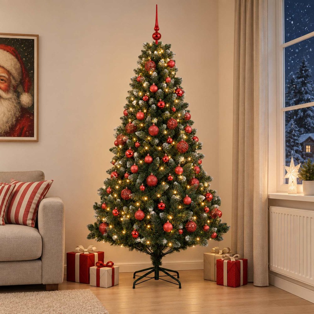 vidaXL Konstgjord julgran med kulor 240 cm 300 LED-lampor Varmvit