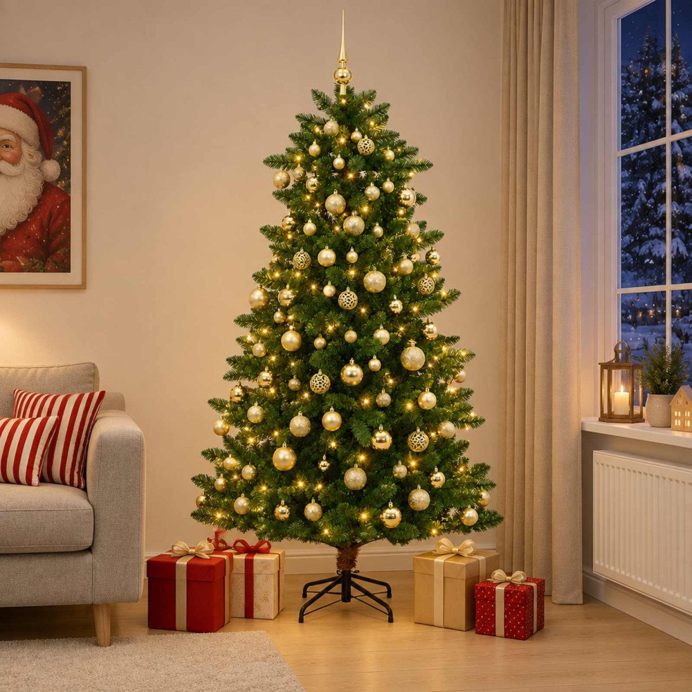 vidaXL Konstgjord julgran med julkulor 240 cm 300 LED-lampor Varmvit