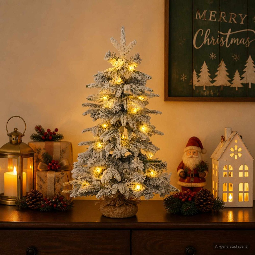 vidaXL Mini-julgran flockad 60 cm 25 LED-lampor Varmvit PVC och PE