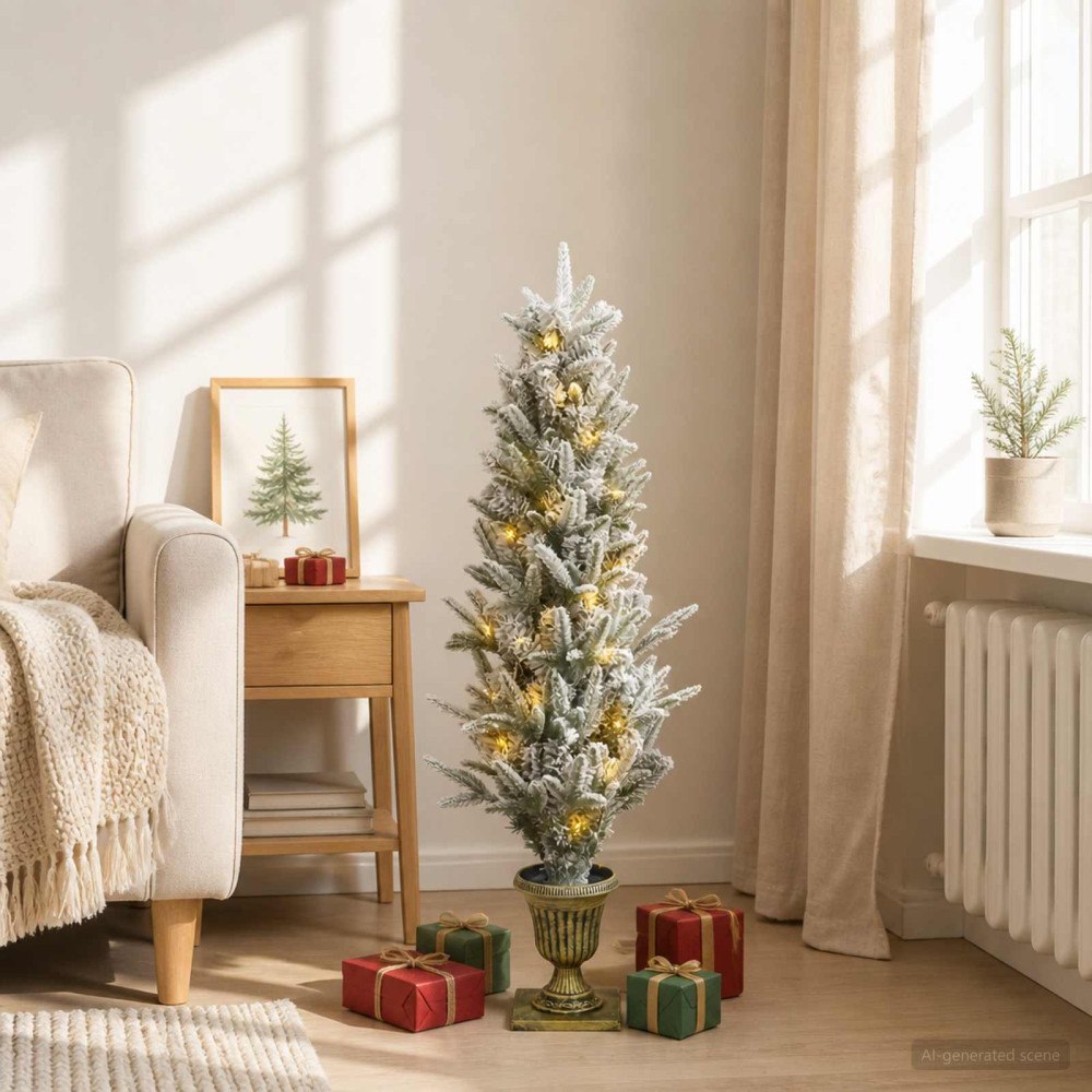vidaXL Mini-julgran flockad 120 cm 100 LED-lampor Varmvit PVC och PE