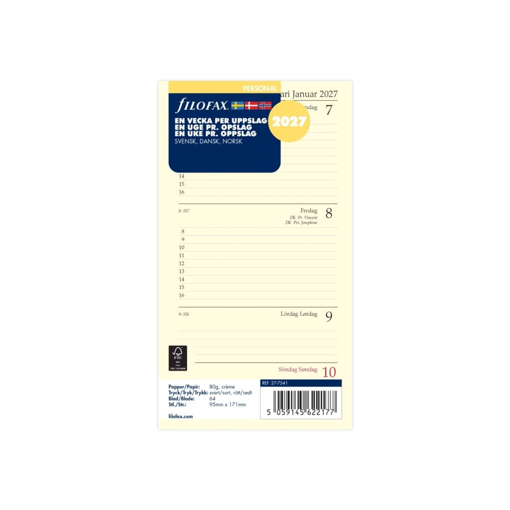 Filofax Filofax Personal 2027 kalenderrefill, vecka per uppslag, sve...