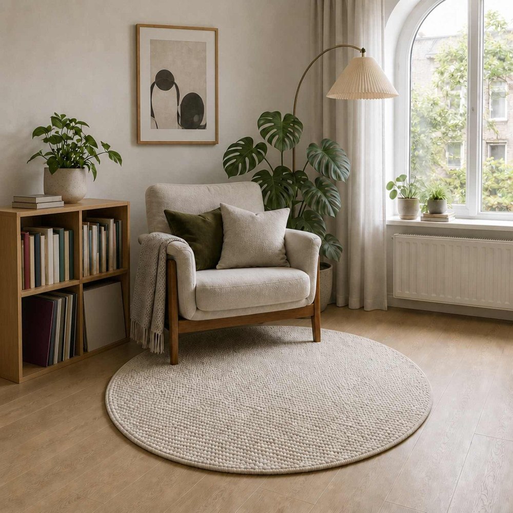 vidaXL Matta Gräddvit Ø 120 cm 100% Polyester 3 mm Tvättbar