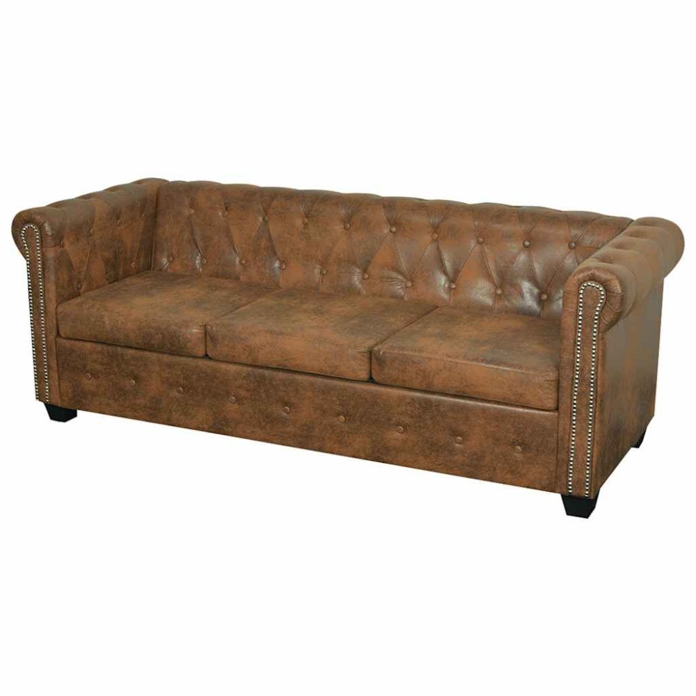 vidaXL Chesterfield Soffa 3-Sits Brun Konstläder