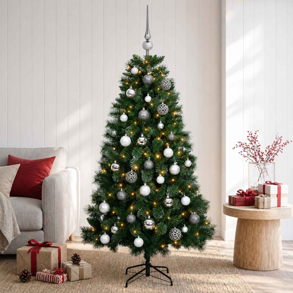 vidaXL Konstgjord julgran med julkulor 120 cm 150 LED-lampor Varmvit