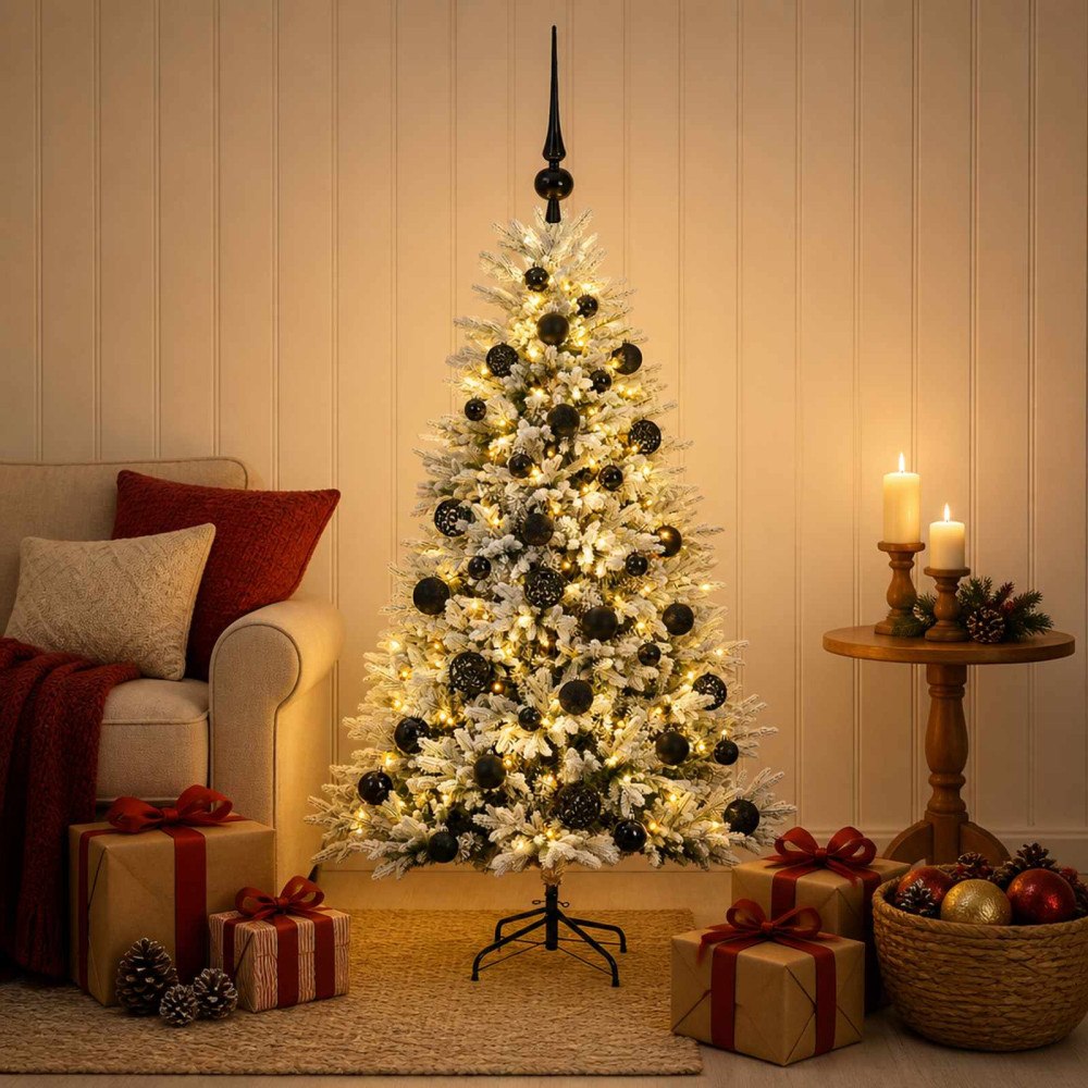 vidaXL Konstgjord julgran med kulor 150 cm 150 LED-lampor Varmvit
