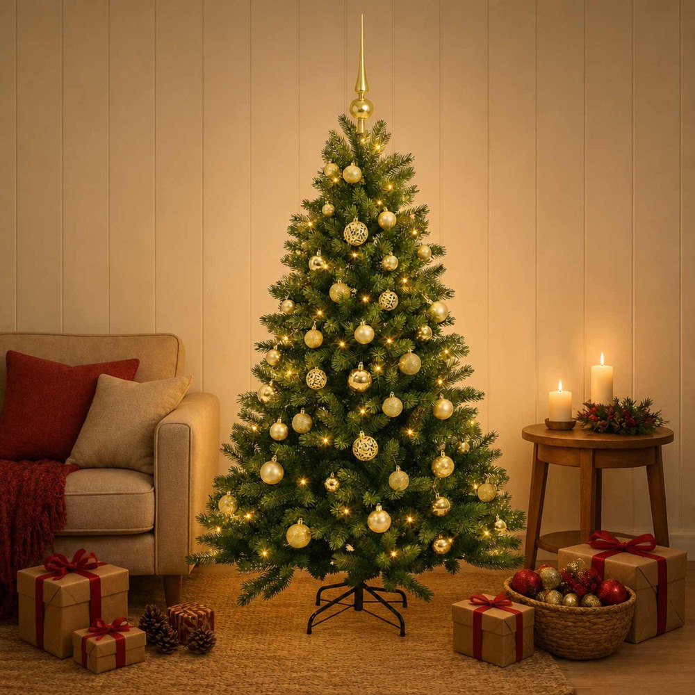 vidaXL Konstgjord julgran med kulor 150 cm 150 LED-lampor Varmvit