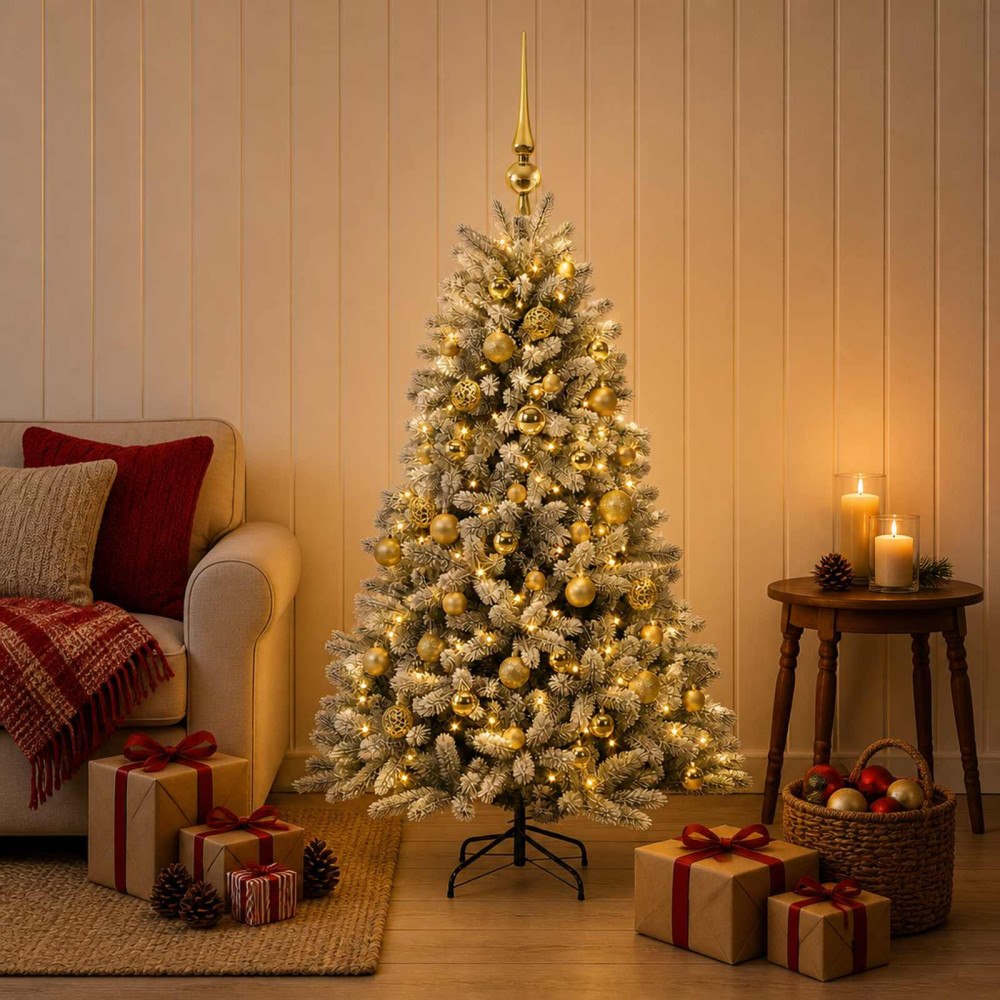 vidaXL Konstgjord julgran med kulor 120 cm 150 LED-lampor Varmvit
