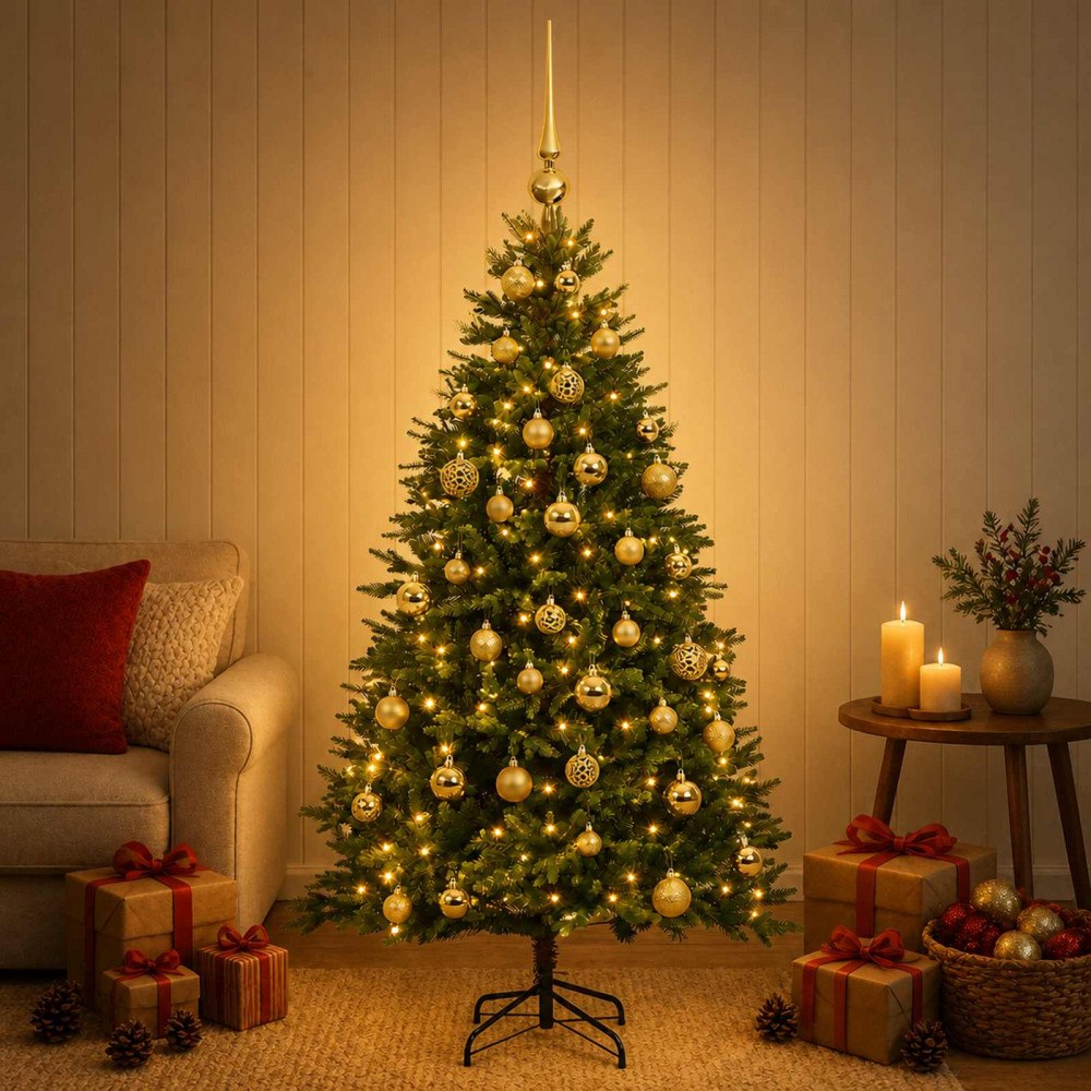 vidaXL Konstgjord julgran med kulor 150 cm 150 LED-lampor Varmvit