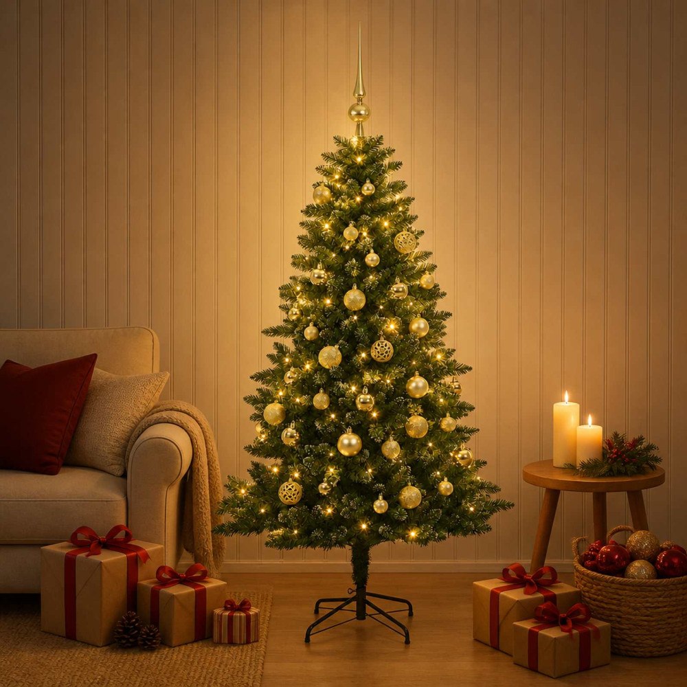 vidaXL Konstgjord julgran med kulor 150 cm 150 LED-lampor Varmvit