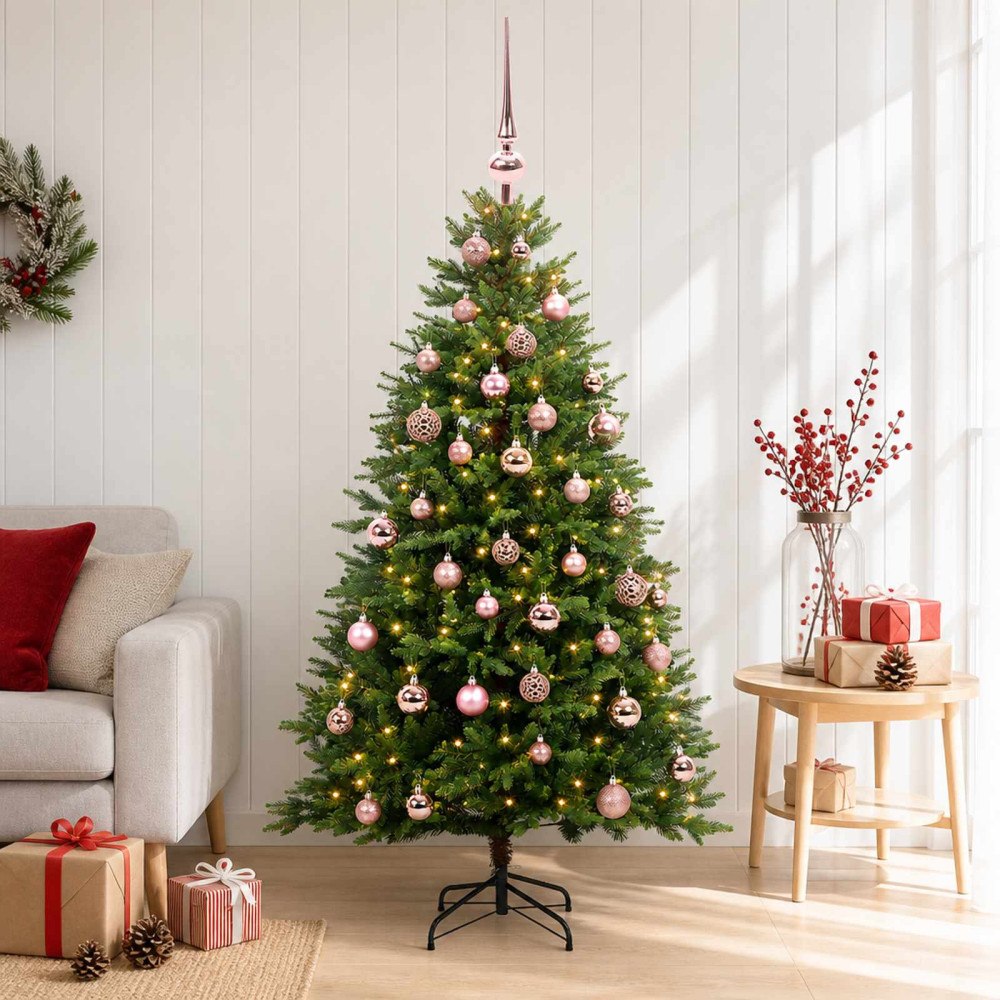 vidaXL Konstgjord julgran med kulor 150 cm 150 LED-lampor Varmvit