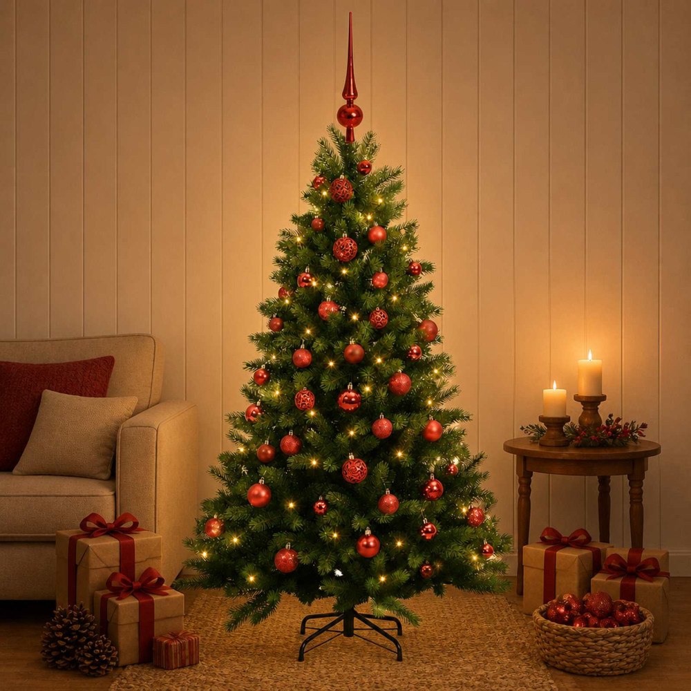 vidaXL Konstgjord julgran med kulor 120 cm 150 LED-lampor Varmvit