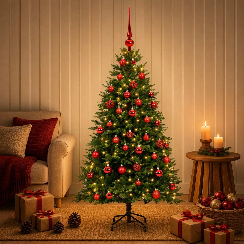 vidaXL Konstgjord julgran med kulor 150 cm 150 LED-lampor Varmvit