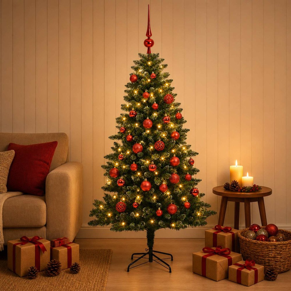 vidaXL Konstgjord julgran med kulor 150 cm 150 LED-lampor Varmvit