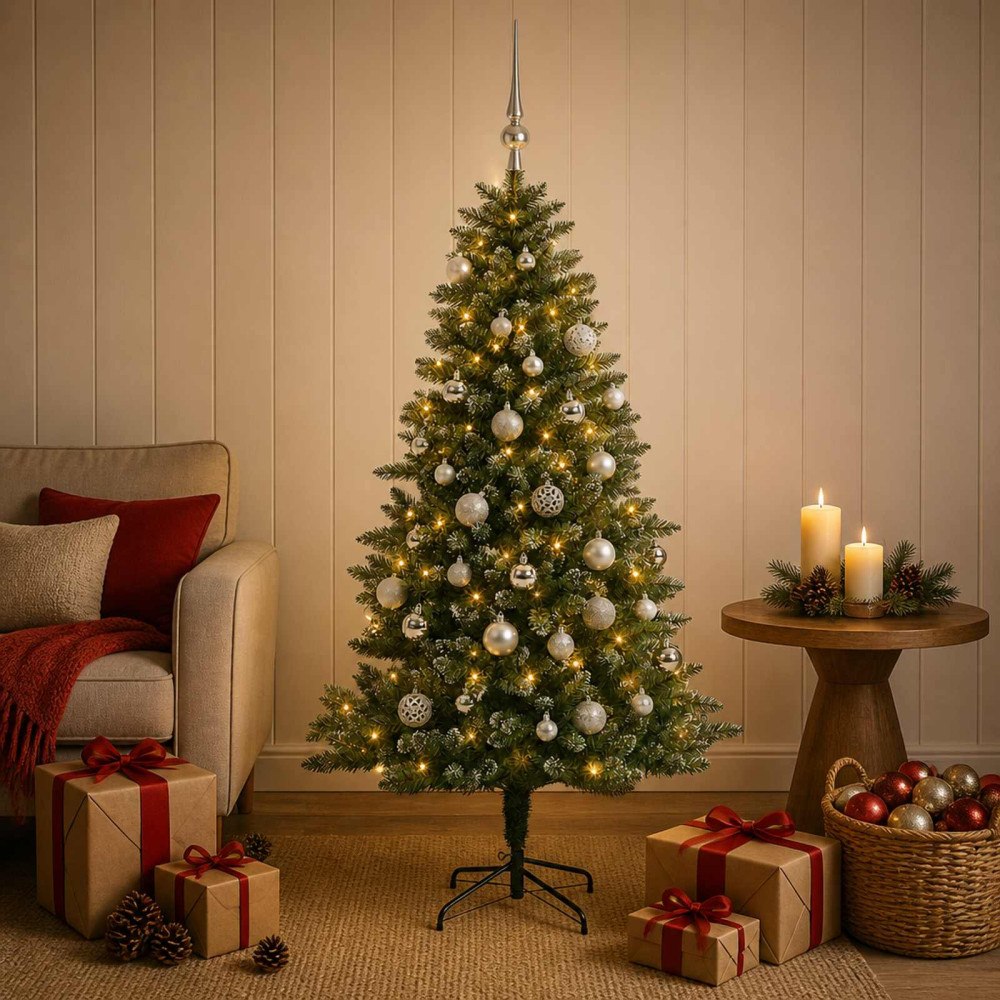vidaXL Konstgjord julgran med kulor 150 cm 150 LED-lampor Varmvit