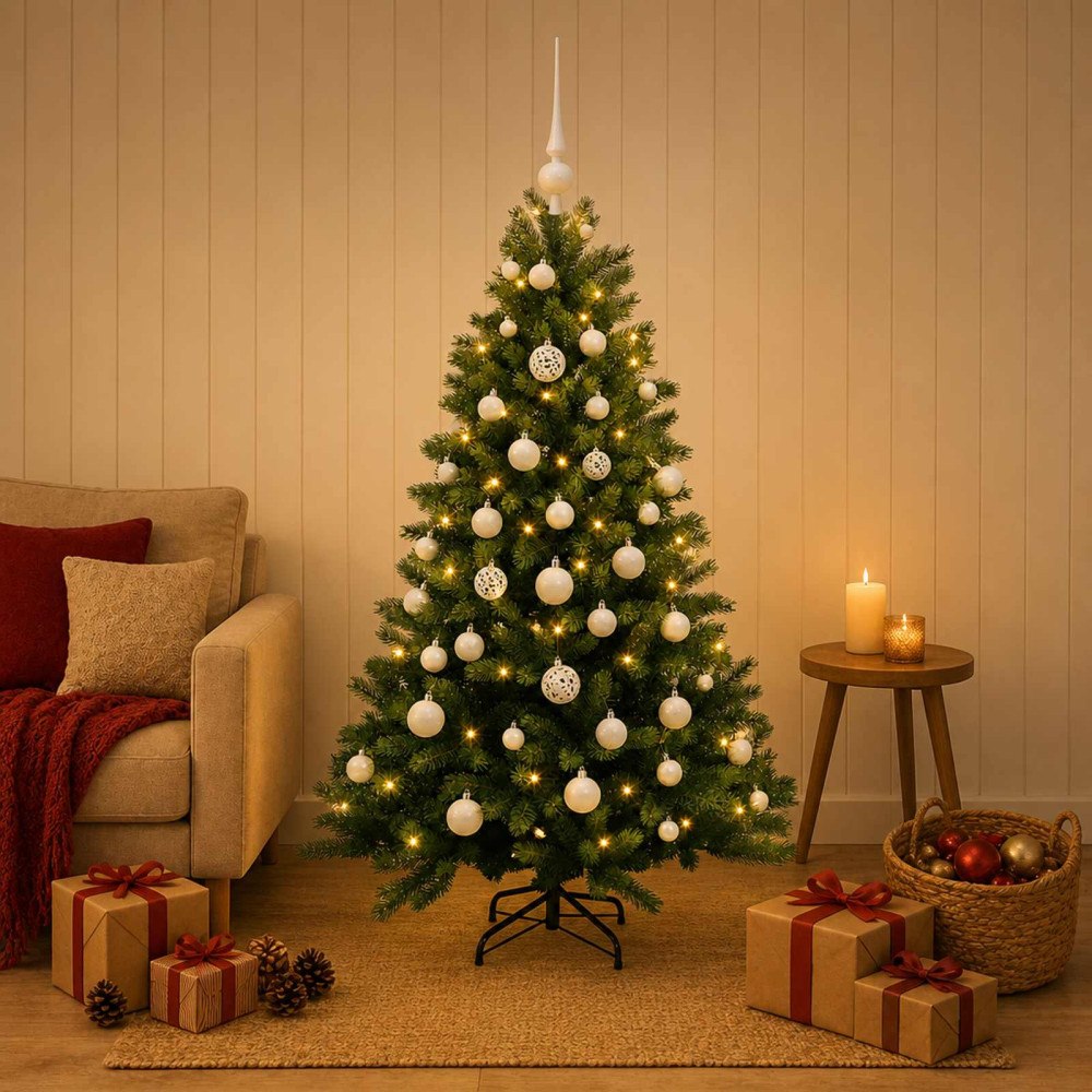vidaXL Konstgjord julgran med kulor 150 cm 150 LED-lampor Varmvit