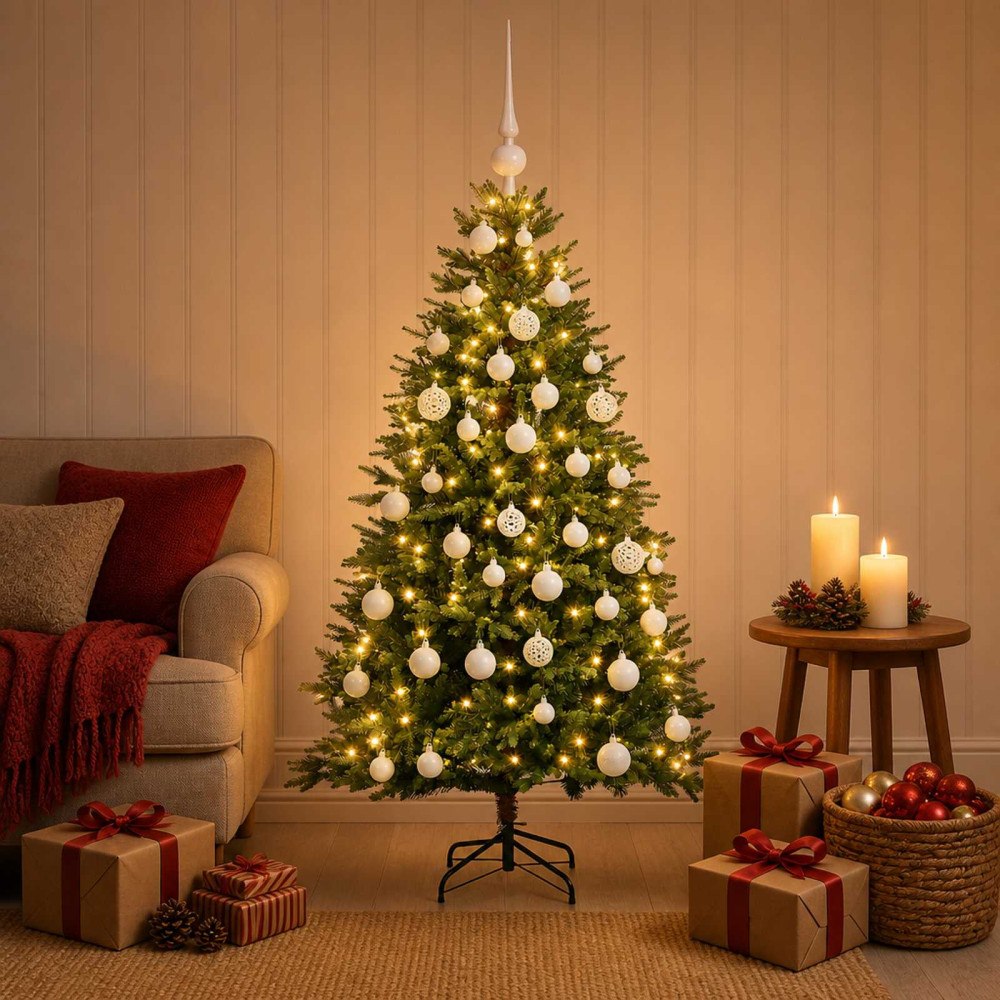 vidaXL Konstgjord julgran med kulor 120 cm 150 LED-lampor Varmvit