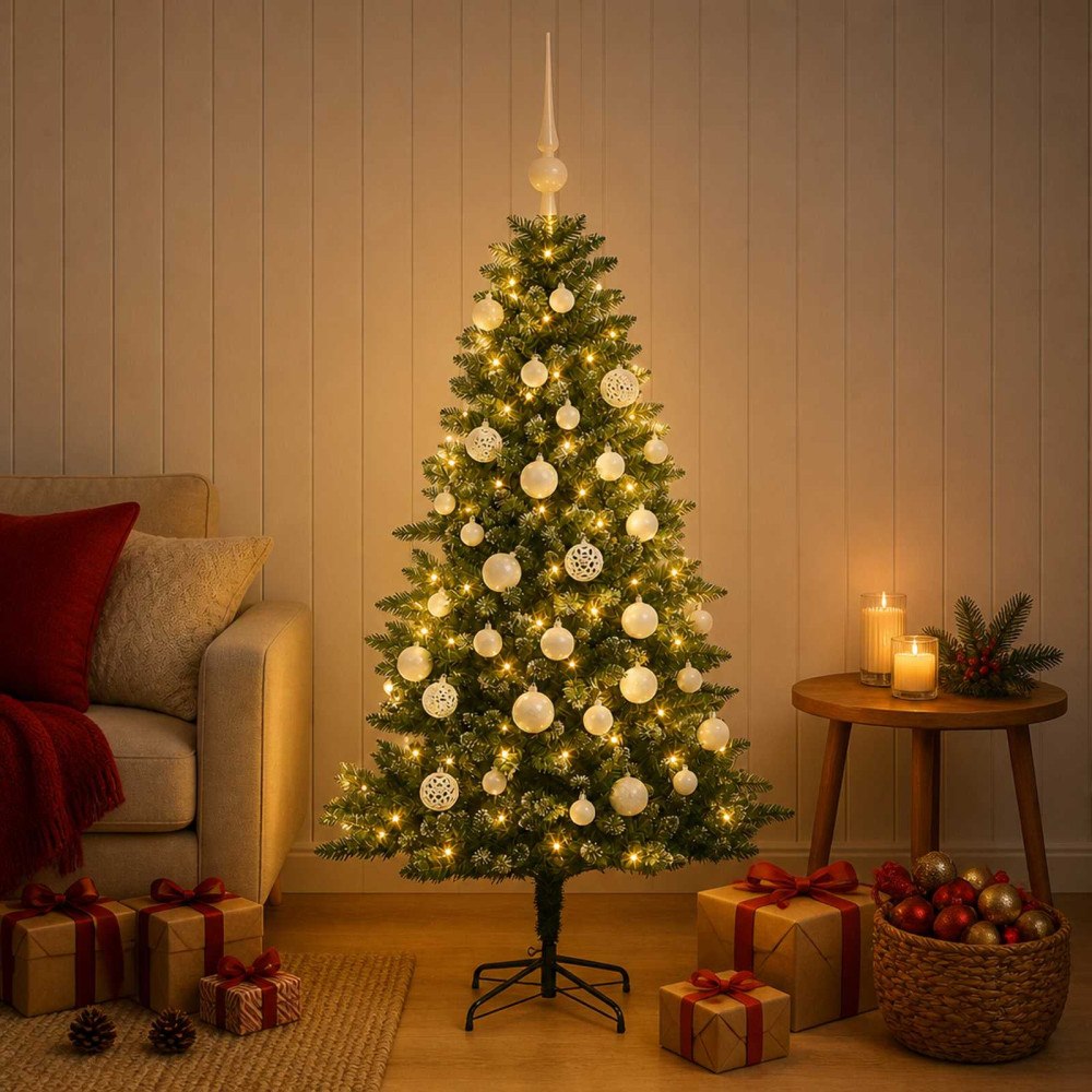vidaXL Konstgjord julgran med kulor 150 cm 150 LED-lampor Varmvit