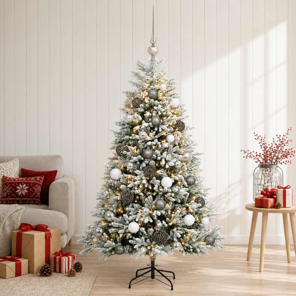 vidaXL Konstgjord julgran med kulor 150 cm 150 LED-lampor Varmvit