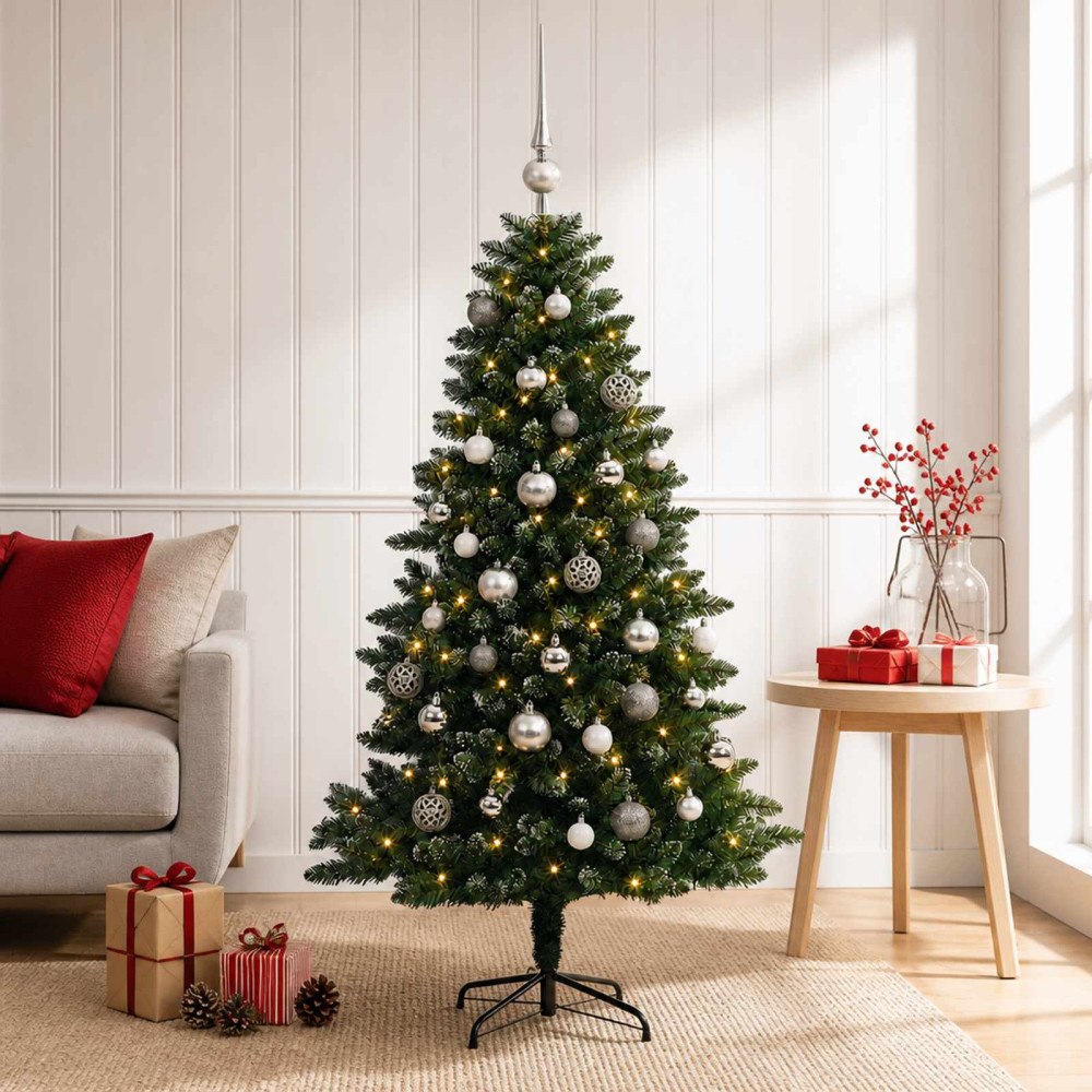 vidaXL Konstgjord julgran med kulor 120 cm 150 LED-lampor Varmvit