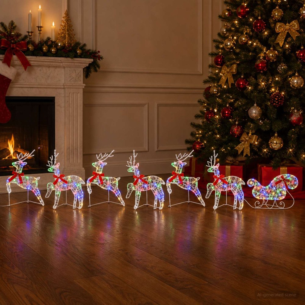 vidaXL Julren med släde 7 st 140 LED-lampor Mångfärgad