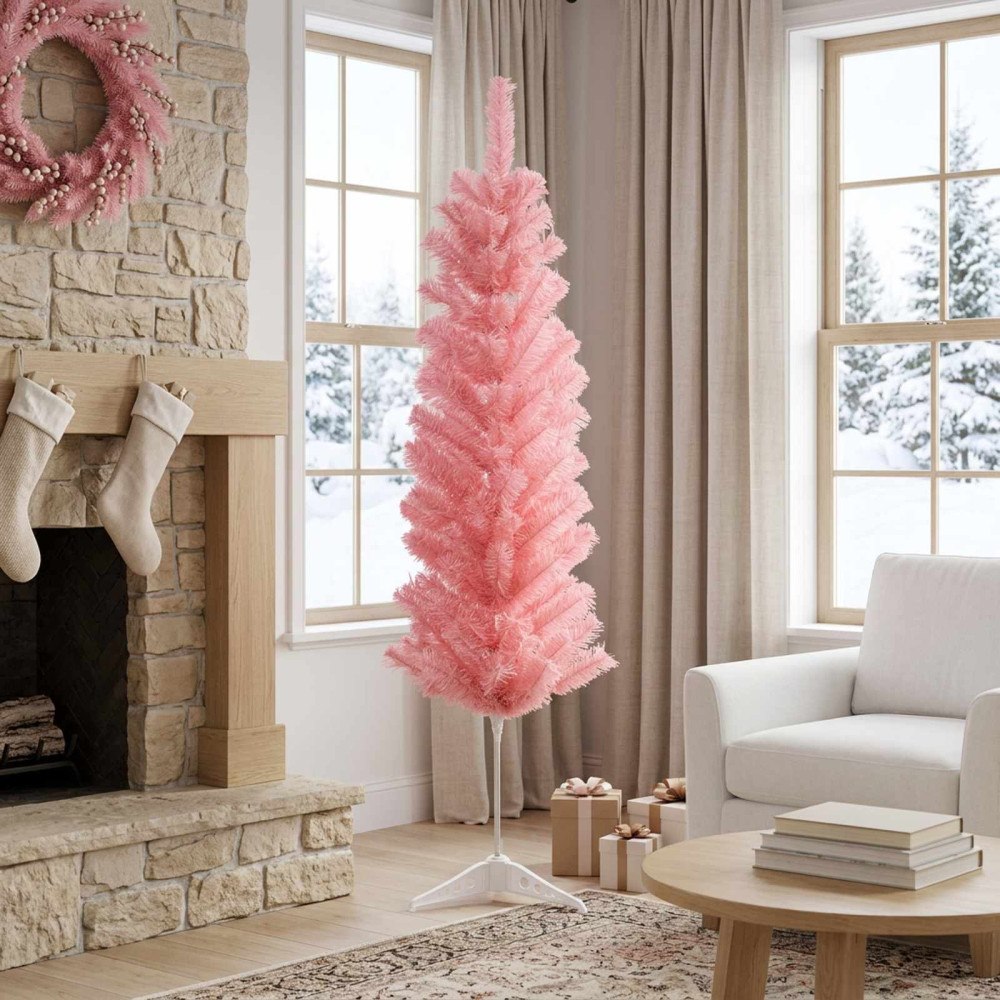 vidaXL Konstgjort smalt julträd 120 cm PVC och stål Rosa